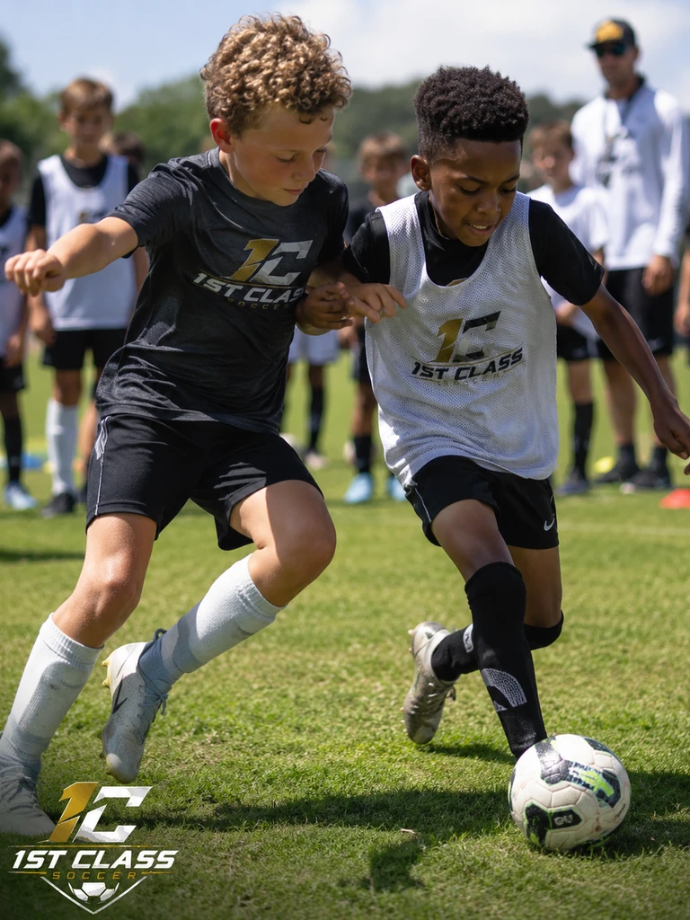 Two youth soccer players competing during a one-on-one drill