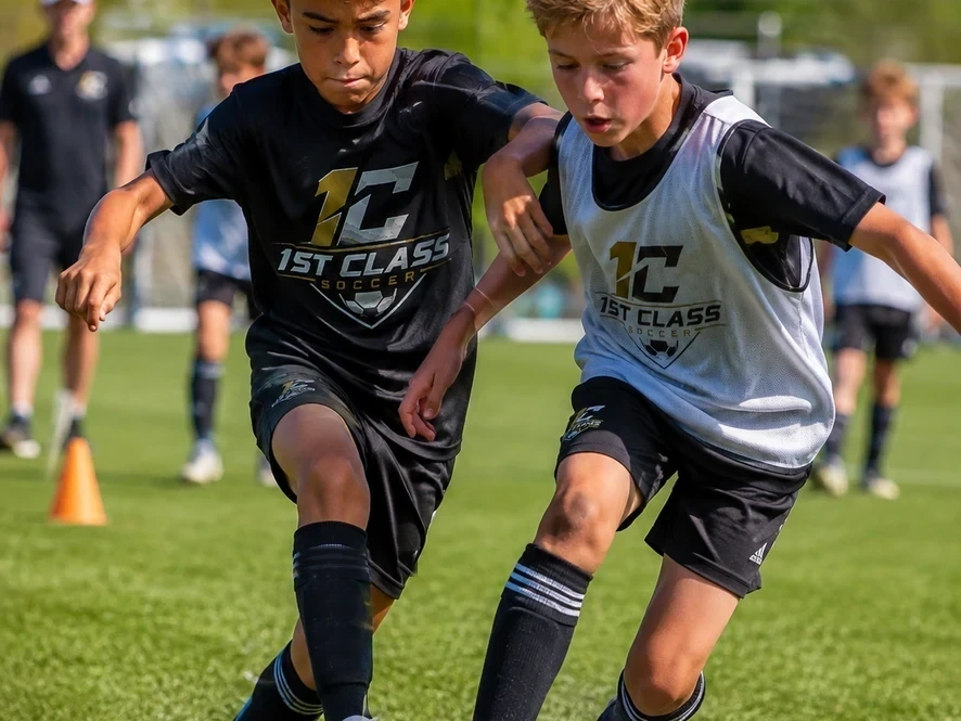Two youth soccer players competing during a one-on-one drill